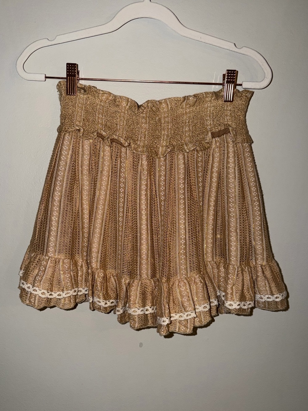 Luminary Fine Collection Boho Smocked Mini Skirt Size Small Tan Gold Ruffle